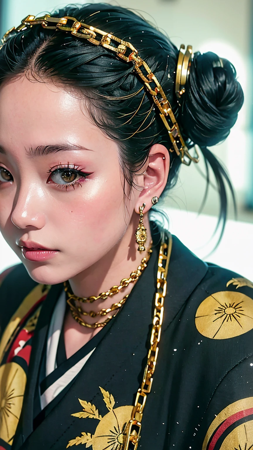 masterpiece, Highest quality, A solemn Japanese-style room with tatami mats, A large photograph of a woman from head to waist, profile, (Chain-themed accessories:1.3), (Close up on face:1.5), (Punk rock kimono, black地に赤＋gold:1.3), (black＋Orange Hair Color, Mid-length hair, Bun Hair), (blackい瞳, Sparkling eyes), (Lots of eyelashes)