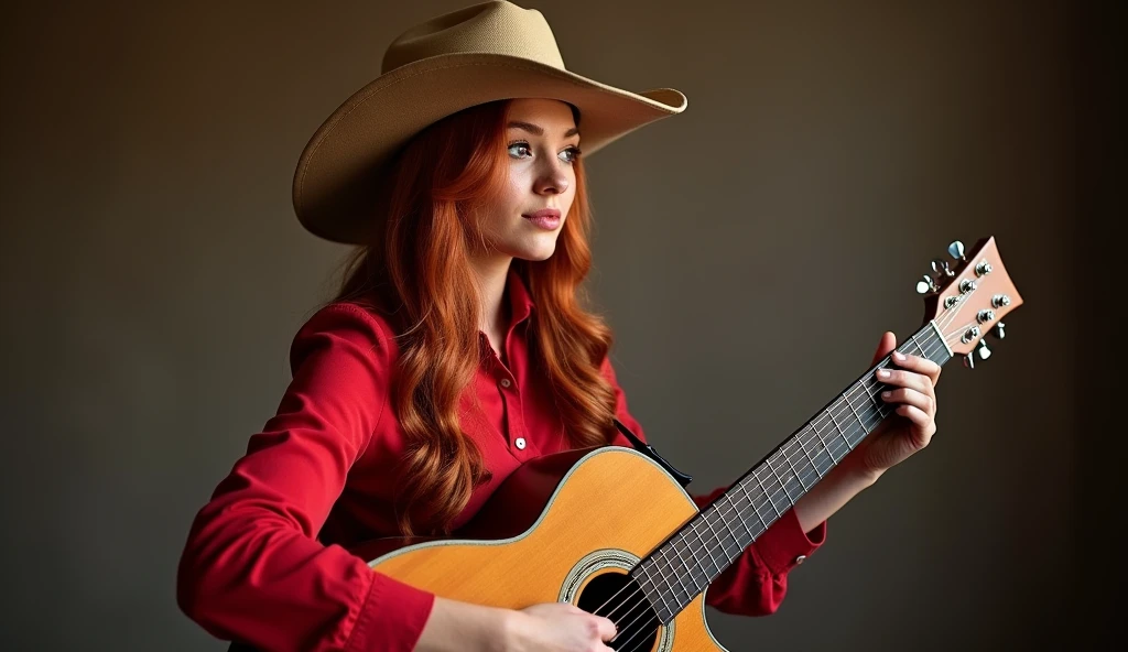 a woman dressed in red with a cowboy hat playing a guitar, Singer-songwriter, Singer - Composer, Portrait of Maci Huechoay, sadie sink, emma, cowgirl, redhead woman, drunk cowboy redhead long hair, cowgirl, redhead girl, holding a guitar, Promotional image, Tiffany Dover, Promotional image, suki, arte the fan, she is redhead, Sofia Turner girl, Sofia Turner