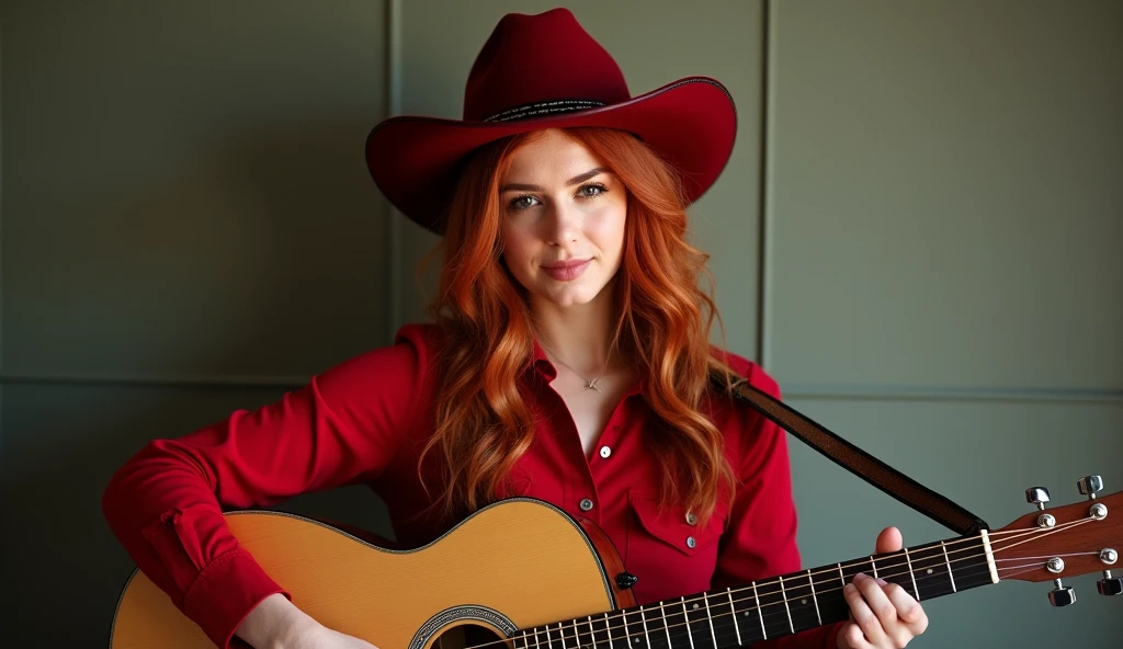 a woman dressed in red with a cowboy hat playing a guitar, Singer-songwriter, Singer - Composer, Portrait of Maci Huechoay, sadie sink, emma, cowgirl, redhead woman, drunk cowboy redhead long hair, cowgirl, redhead girl, holding a guitar, Promotional image, Tiffany Dover, Promotional image, suki, arte the fan, she is redhead, Sofia Turner girl, Sofia Turner