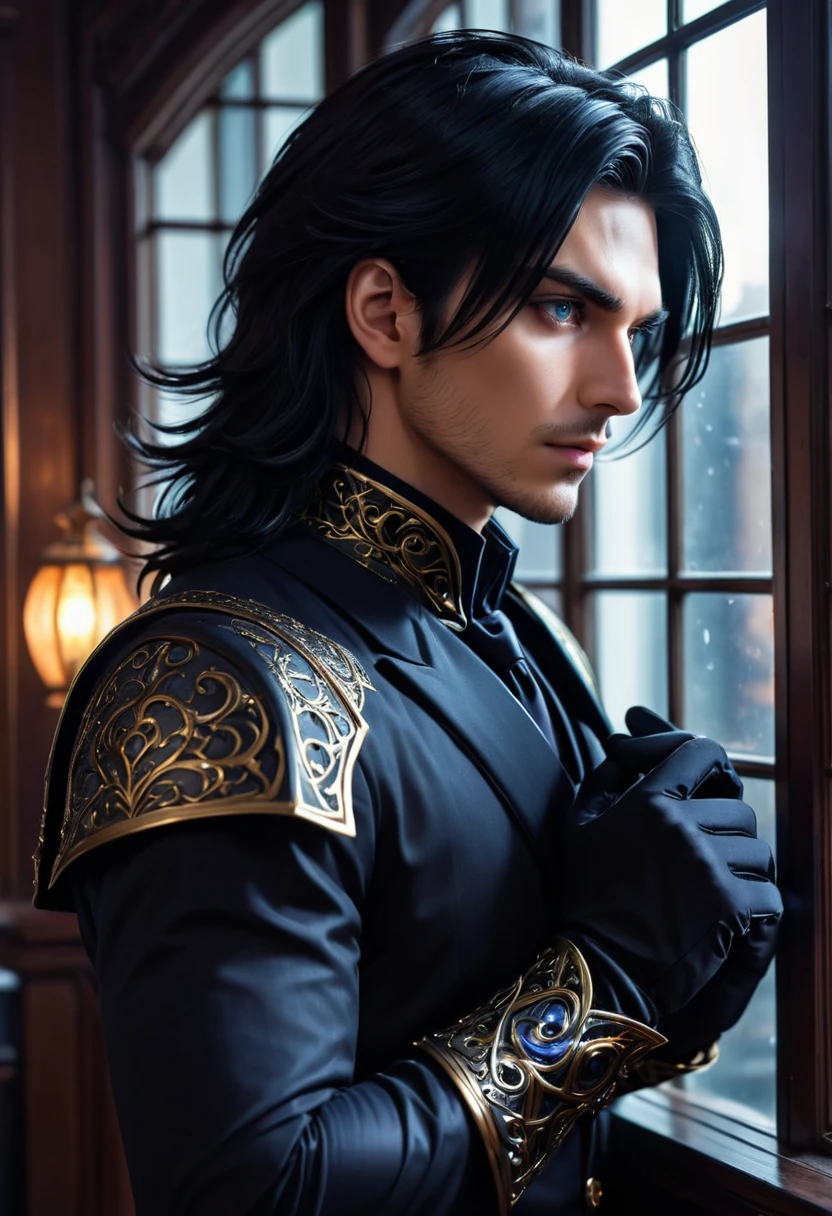 handsome man, 30 years, young, attractive, jet black shoulder length hair, dark magician, a sly, attentive look, mesmerizing eyes, To profile, puts on gloves, looking out the window, dissatisfied, frowning, stately, dark aura, near the window, in the office in the mansion, unearthly beauty, fantasy, digital art, bright light, complex parts, Focus on the face, Exquisite, sharpness, depth, professional photo, cgi, diffuse reflection, full hd wallpaper, epic, 64k, f/16, 1/300s, s750, HDR, ultrahd, 50mm lens