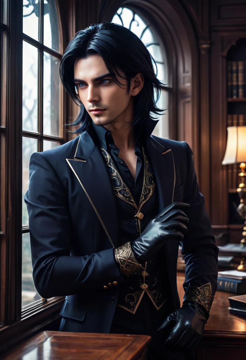 handsome man, 30 years, young, attractive, jet black shoulder length hair, dark magician, a sly, attentive look, mesmerizing eyes, To profile, puts on gloves, looking out the window, dissatisfied, frowning, stately, dark aura, near the window, in the office in the mansion, unearthly beauty, fantasy, digital art, bright light, complex parts, Focus on the face, Exquisite, sharpness, depth, professional photo, cgi, diffuse reflection, full hd wallpaper, epic, 64k, f/16, 1/300s, s750, HDR, ultrahd, 50mm lens