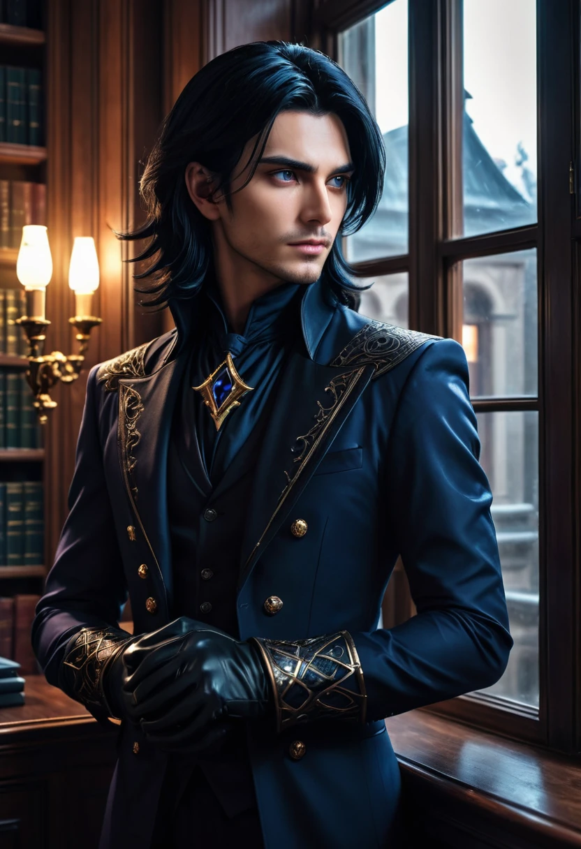 handsome man, 30 years, young, attractive, jet black shoulder length hair, dark magician, a sly, attentive look, mesmerizing eyes, To profile, puts on gloves, looking out the window, dissatisfied, frowning, stately, dark aura, near the window, in the office in the mansion, unearthly beauty, fantasy, digital art, bright light, complex parts, Focus on the face, Exquisite, sharpness, depth, professional photo, cgi, diffuse reflection, full hd wallpaper, epic, 64k, f/16, 1/300s, s750, HDR, ultrahd, 50mm lens