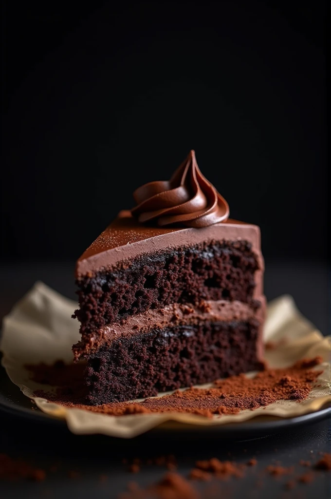 cinematic film still chocolate, chocolate cake, dark background, quality photo, moist texture, frosting, studio photo, slice . shallow depth of field, vignette, highly detailed, high budget, bokeh, cinemascope, moody, epic, gorgeous, film grain, grainy