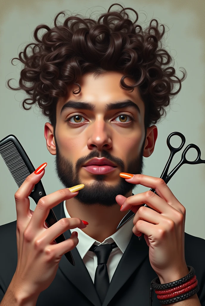 A barber with curly hair finished with fingernails and brunette holding scissors and comb
