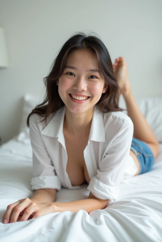 brunette, smile, physique: smallest belly ever, flat chest, skinny face, white wall, no decoration, jean shorts, white shirt, lying on bed, looking smiling at camera