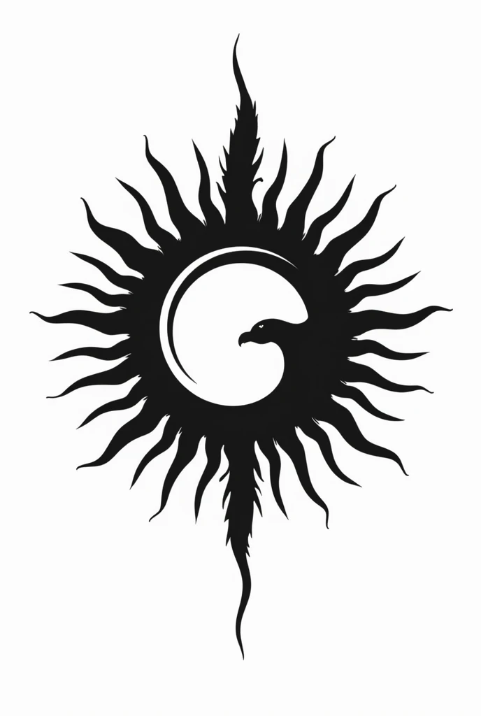 Dessine moi sur un fond blanc un dessin noir et blanc d'un soleil avec vingt-deux rayons de soleil droit. Une belle plume de rapace coupe le soleil en deux pour former un Yin et un Yang au centre du soleil de chaque côté de la plume