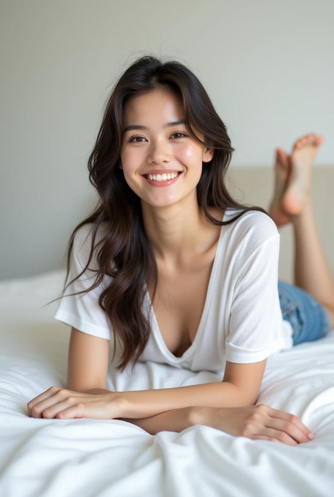 brunette, smile, physique: smallest belly ever, flat chest, skinny face, white wall, no decoration, jean shorts, white shirt, lying on bed, looking smiling at camera
