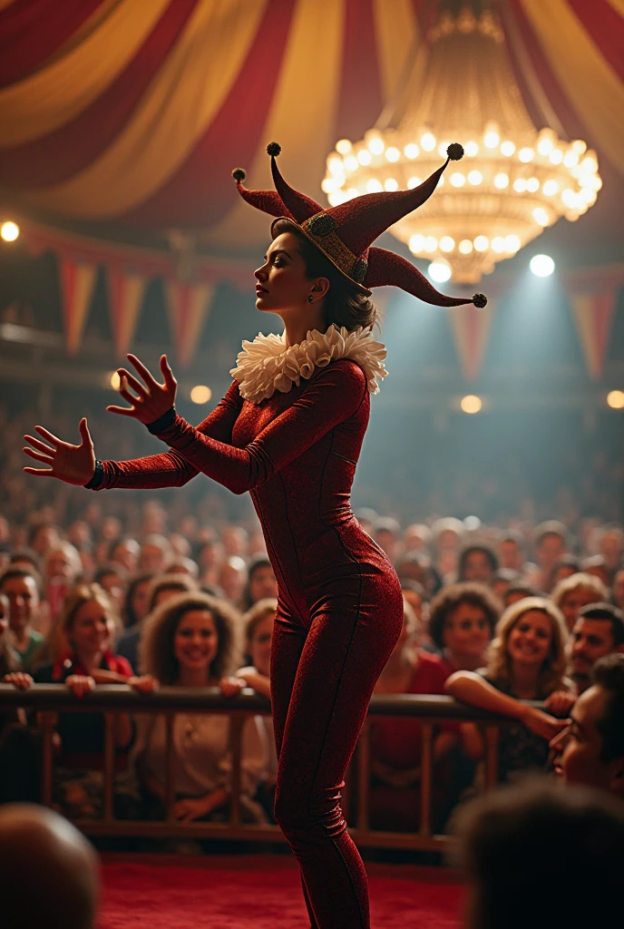 A SEXY FEMALE JESTER AT THE CIRCUS CAPTIVATING THE LARGE AUDIENCE INSIDE THE MAIN TENT.INCREDIBLEY DETAILED AND TEXTURED IN FULL 8K HD RESOLUTION