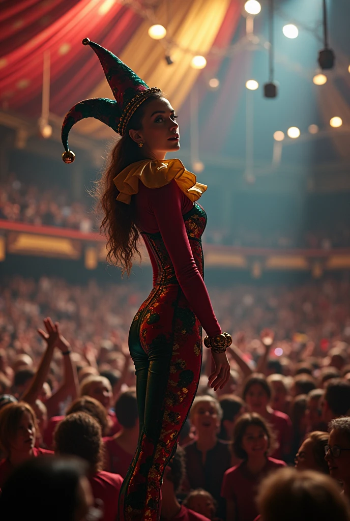 A SEXY FEMALE JESTER AT THE CIRCUS CAPTIVATING THE LARGE AUDIENCE INSIDE THE MAIN TENT.INCREDIBLEY DETAILED AND TEXTURED IN FULL 8K HD RESOLUTION