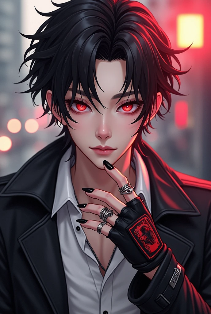 Cute, attractive, charismatic man, black and  red hair, fine dark red eyes, wearing a black leather jacket, white shirt, cute hair cut, wearing palm gloves, ring accessories, Korean like