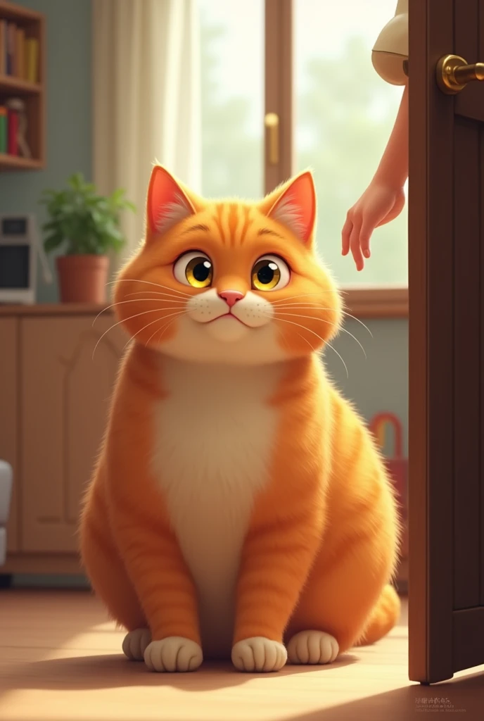 The fat orange cat was pointed towards the door by its owner. 