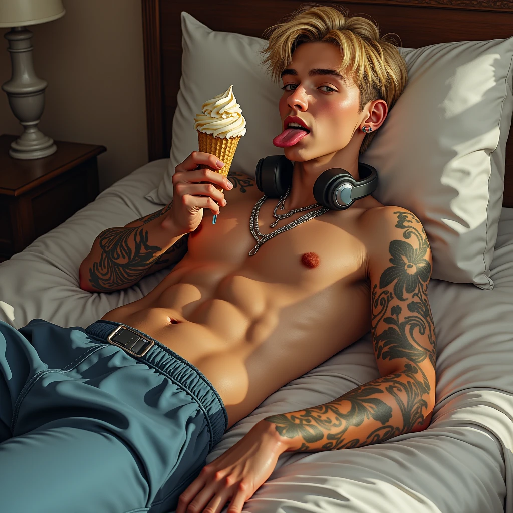Masterpiese, best quality, man, Handsome，Baggy pants，Street fashion，1，Blonde，center-parted hairstyle , tattoo, Double eyelids，looking away , Headphones, lying on a bed with a natural curve in the body , viewed from the side , sticking out his tongue and eating ice cream , dressed in early 2000s Y2K street fashion