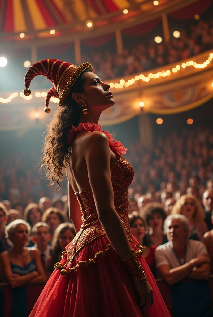A SEXY FEMALE JESTER AT THE CIRCUS CAPTIVATING THE LARGE AUDIENCE INSIDE THE MAIN TENT.INCREDIBLEY DETAILED AND TEXTURED IN FULL 8K HD RESOLUTION