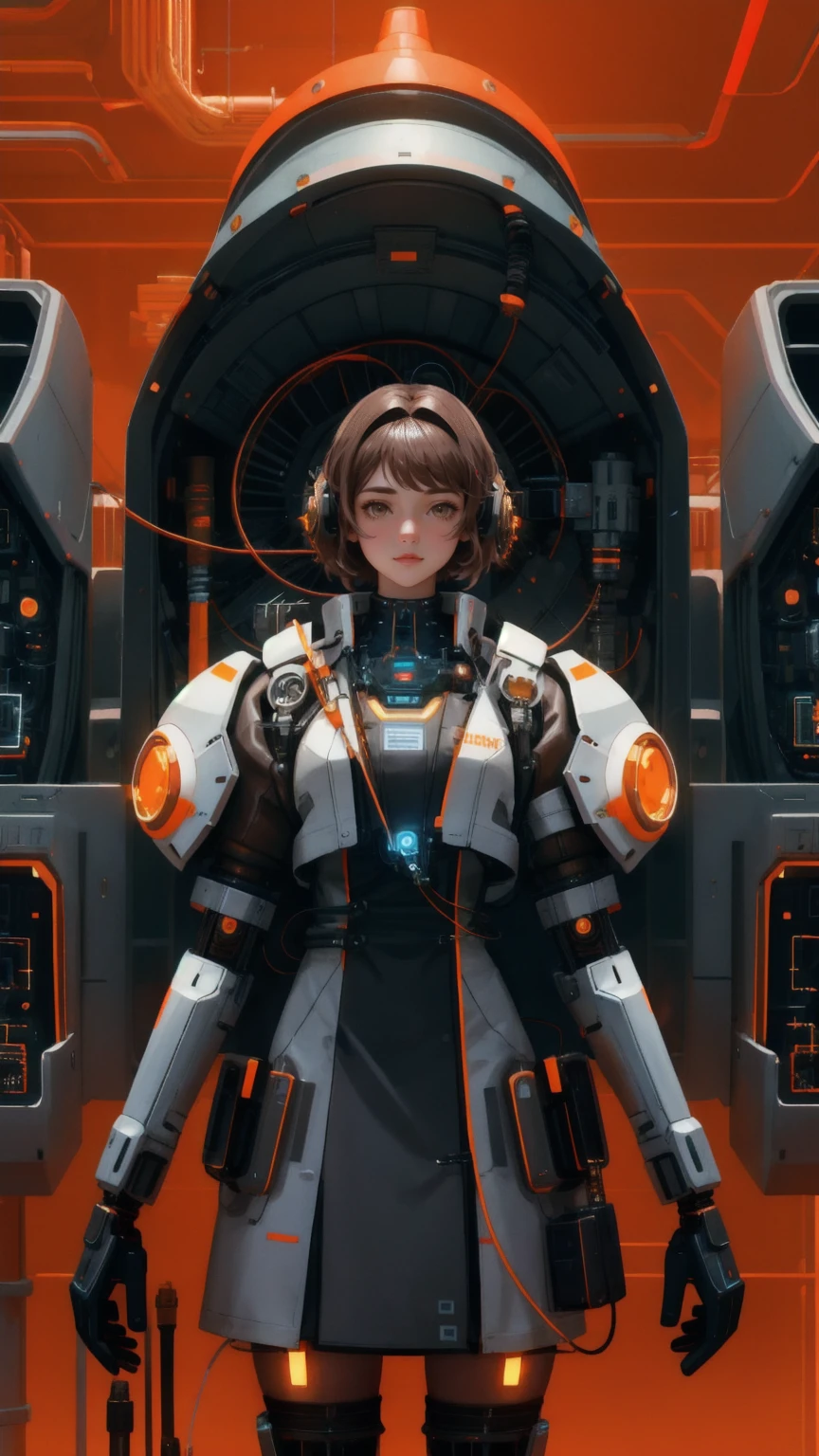 A beautifully detailed, cute girl character dressed as a futuristic scientist, operating a complex GM generator in a high-tech lab. The background is an industrial brown, with a variety of orange mechanical arms and gadgets surrounding her, maintaining the same intricate and dynamic environment. The character is focused on her work, with wires and circuits connected to her, symbolizing her deep connection to the GM generator.