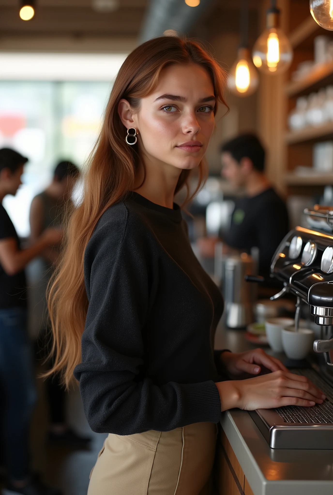 medium cowboy shot, (side view:0.75), (young Natalie Portman aged 18), candid, casual, fun, excited, happy, cute, joy, soft lighting, backlit, younger, (extremely tall teenager aged 18:1.5), (extremely long torso:1.5), (extremely long neck:1.5), skinny, arafed, slim, symmetric eyes, (large head:1.25), coffee shop, trendy, latte, busy, barista, diverse people, symmetric breasts, dark long-sleeved heavy knit sweater, plain long floor-length cotton pencil skirt, (long full dark auburn hair), (huge colossal gigantic breasts:1.5), (big flowing extremely long wavy hair:1.25), bangs, making coffee, coffee machine, (dimples:1.5), freckles, symmetric hoop earrings