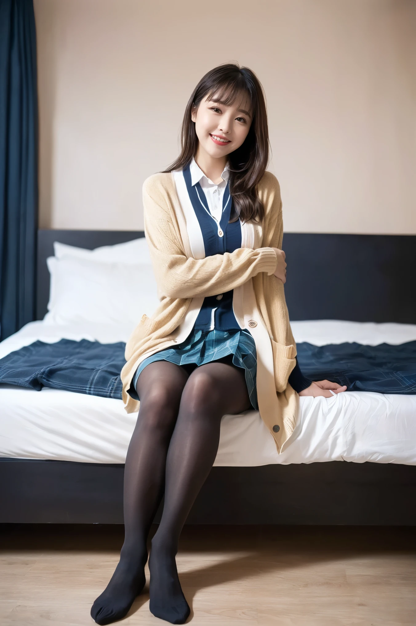 (((8k、High resolution、Highest quality、High resolution)))alone、Natural body shape、White skin、Natural Makeup、((Black Hair、bangs、Straight Long Hair))、((()))、、(Sit with your knees hugged:1.4)、(())、(((((Full body photo)))))、(((Grinning at the camera))、(((Wear a uniform on the upper body)))、Bedroom、(((Room's))) 、((white collared long sleeve blouse))、((Beige cardigan))、((Pleated skirt with dark blue plaid pattern、mini skirt、Ultra-realistic pantyhose))、、、Expressionless、((Exposing your thighs))