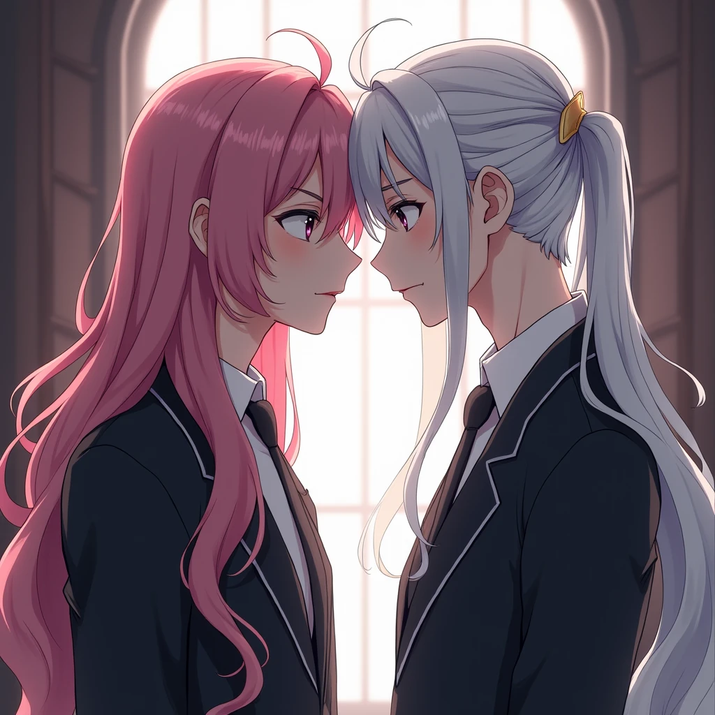 a young man with long pink hair, a young man with tied up white hair, friends, companions, separating, sad expression, detailed anime fanart, intricate details, cinematic lighting, dramatic colors, masterpiece, photorealistic, hyper detailed, 8k, best quality