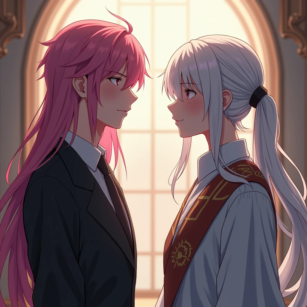 a young man with long pink hair, a young man with tied up white hair, friends, companions, separating, sad expression, detailed anime fanart, intricate details, cinematic lighting, dramatic colors, masterpiece, photorealistic, hyper detailed, 8k, best quality