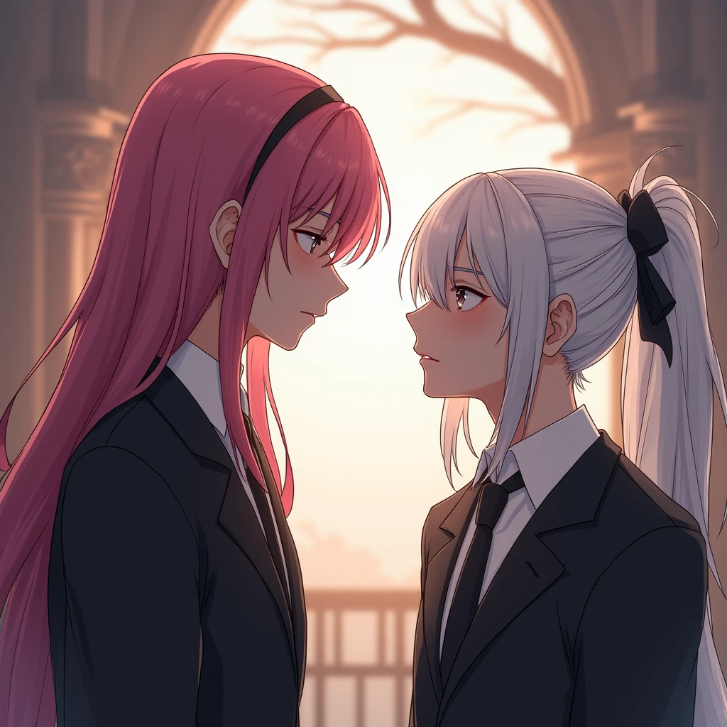 a young man with long pink hair, a young man with tied up white hair, friends, companions, separating, sad expression, detailed anime fanart, intricate details, cinematic lighting, dramatic colors, masterpiece, photorealistic, hyper detailed, 8k, best quality