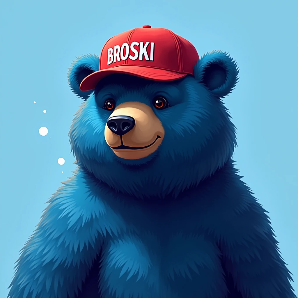 blue bear , light blue background , edgy , portrait , noble , red hat broski summer , write broski on your hat in capital letters
 