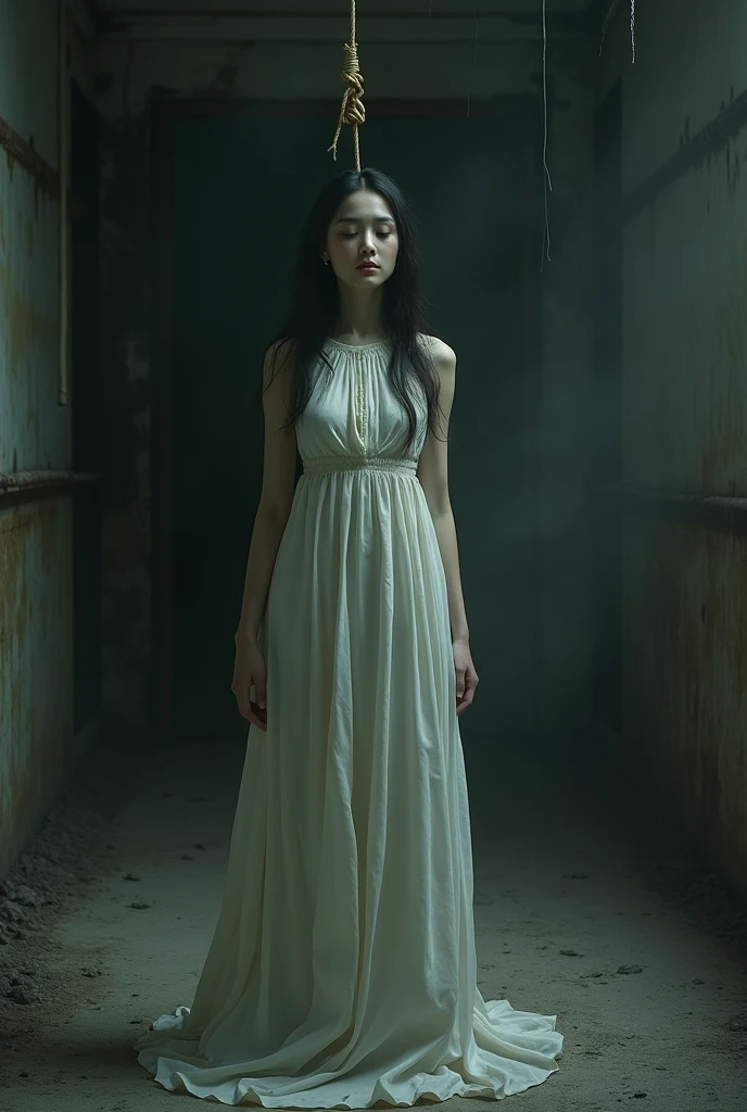 Girl in white high-necked dress ,noose ,hanged