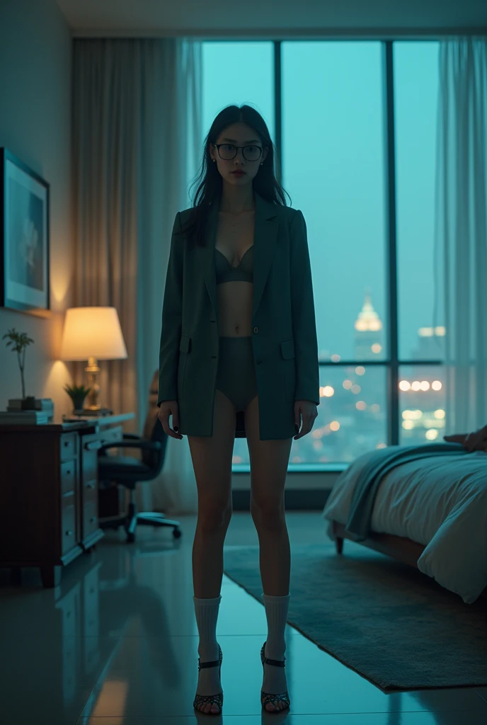 （8k，Movie，16mm wide-angle lens，Aperture 8，Multi-angle shooting，Rich in details ）Chinese，ASİAN，in a New York office building ，secretary，wear glasses，Cool colors，miniskirt，High heel，exposed，sexy socks，Expose，Expose Lingerie，A large hotel room，Lying in bed，Flirty，romantic，Sexy woman，White，Looking out the window，Troubled woman，30 years old
