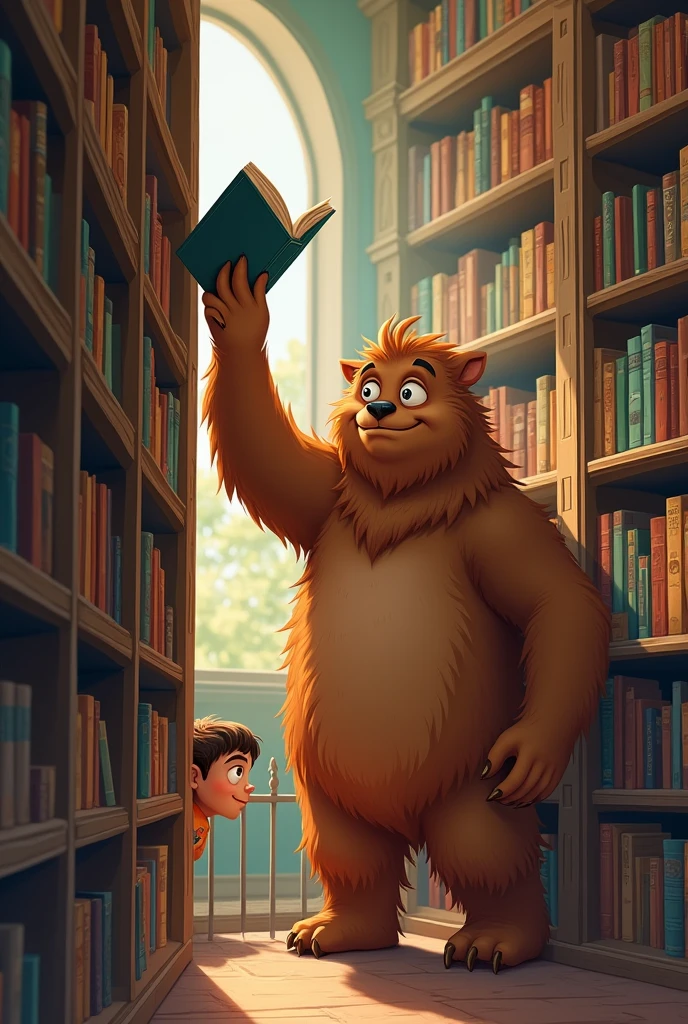 Create an image for story books 
Surprising Discovery
As she peeked through the fence, Ellie saw a large, furry creature struggling to reach a book on a high shelf. Dear background is library and monster Benny was a brown colour and big in only monster Benny struggling with getting the book in bookshelf
