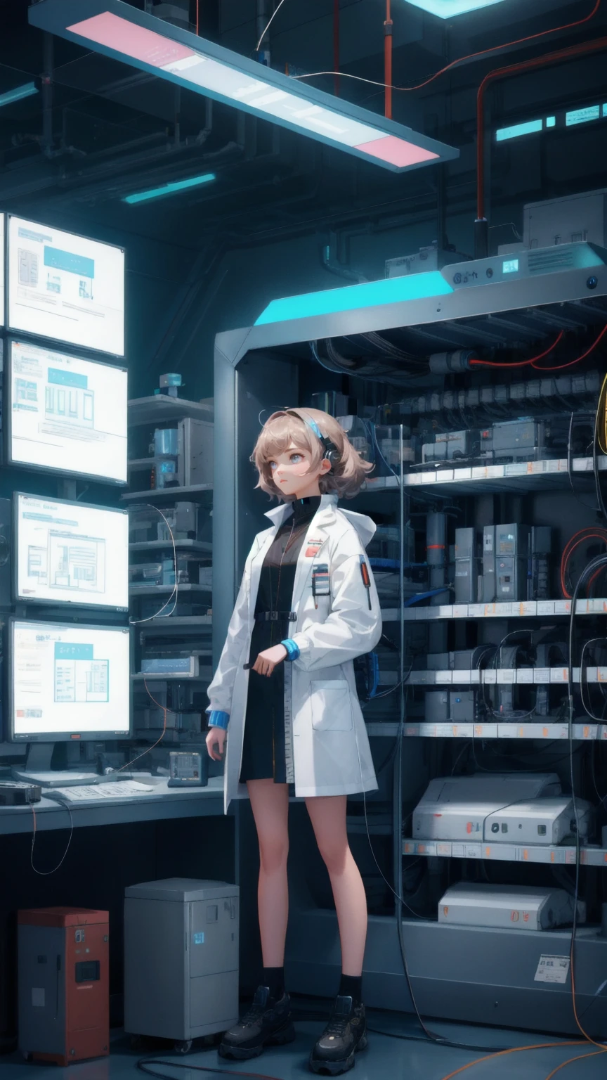A beautifully detailed, cute girl character dressed in a futuristic lab coat, working on a GM Generator in a high-tech lab. The background is a deep industrial brown, with advanced mechanical devices and tools surrounding her. The environment is filled with glowing screens and floating gadgets, all focused on the GM Generator. The girl is deeply engrossed in her task, with wires and circuits connected to the generator, creating a scene of high-tech precision.