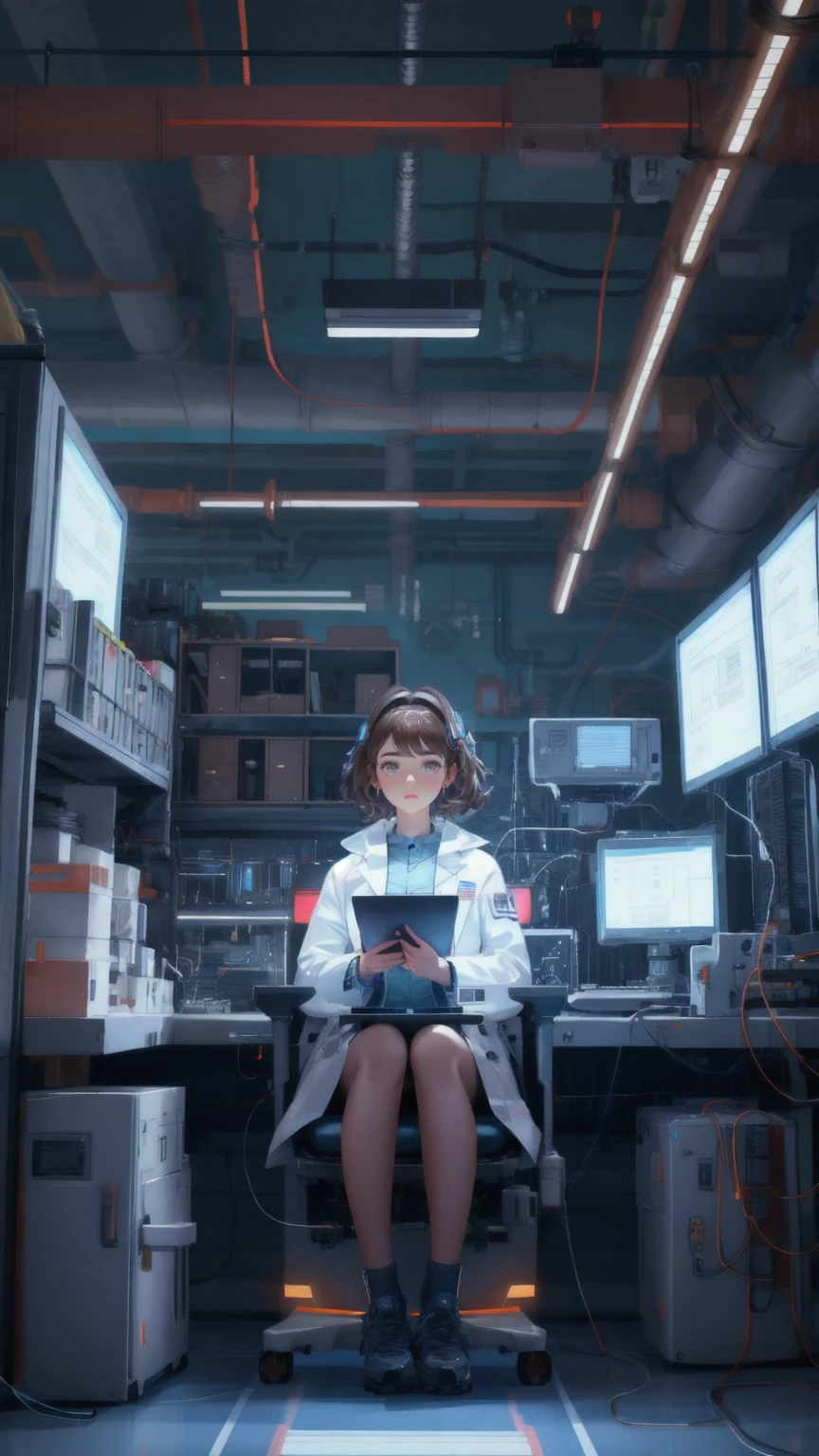 A beautifully detailed, cute girl character dressed in a futuristic lab coat, working on a GM Generator in a high-tech lab. The background is a deep industrial brown, with advanced mechanical devices and tools surrounding her. The environment is filled with glowing screens and floating gadgets, all focused on the GM Generator. The girl is deeply engrossed in her task, with wires and circuits connected to the generator, creating a scene of high-tech precision.