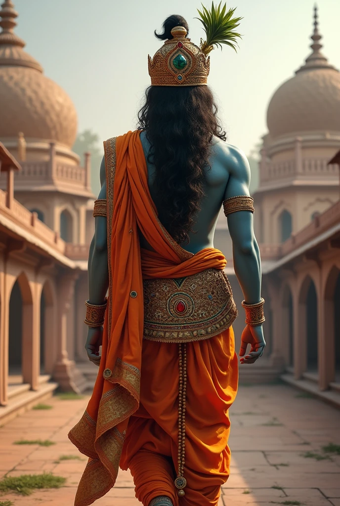 The depiction of Lord Krishna's back view in Dwarka typically portrays him in a serene and dignified posture, reflecting his divine and regal nature. In these representations, Krishna is often shown with his back facing the viewer, highlighting his intricate and elegant attire. His garments might be richly adorned with patterns and jewel-like embellishments, indicative of his status as a king. The backdrop of Dwarka, with its architectural splendor, serves as a testament to his royal heritage. This perspective emphasizes his divine presence and the reverence he commands, inviting devotees to meditate on his divine attributes and the glory of his kingdom.