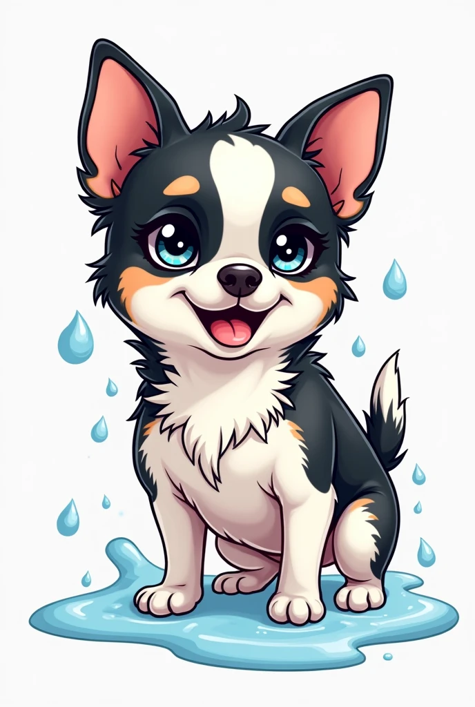 White and black haired chihuahua cartoon style washing whole body