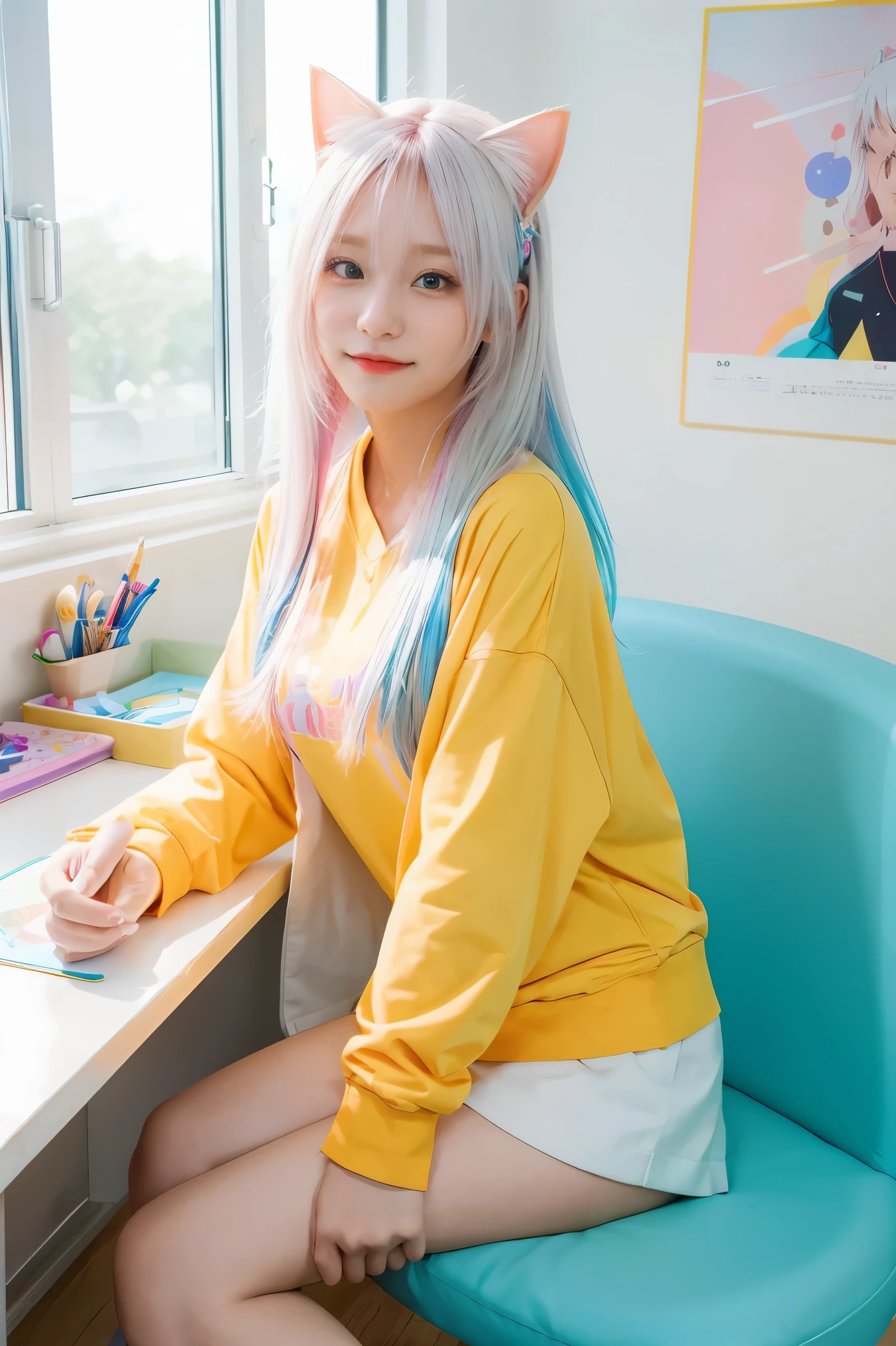 Colorful hair and bright outfits in anime ((แมวหู 1girl)),   bright pastel colors, Rossdraws vivid cartoon, anime style 4k, Beautiful anime portrait, The archer is colorful!!!、! dream art germs, Beautiful anime, 1girl cat ears, Anime style digital art, Anime art wallpaper 4k, Anime art wallpaper 4k, digital anime art, Anoint the art with high detail, ,  full body, Sitting in her office, white hair, front view, Beaming,