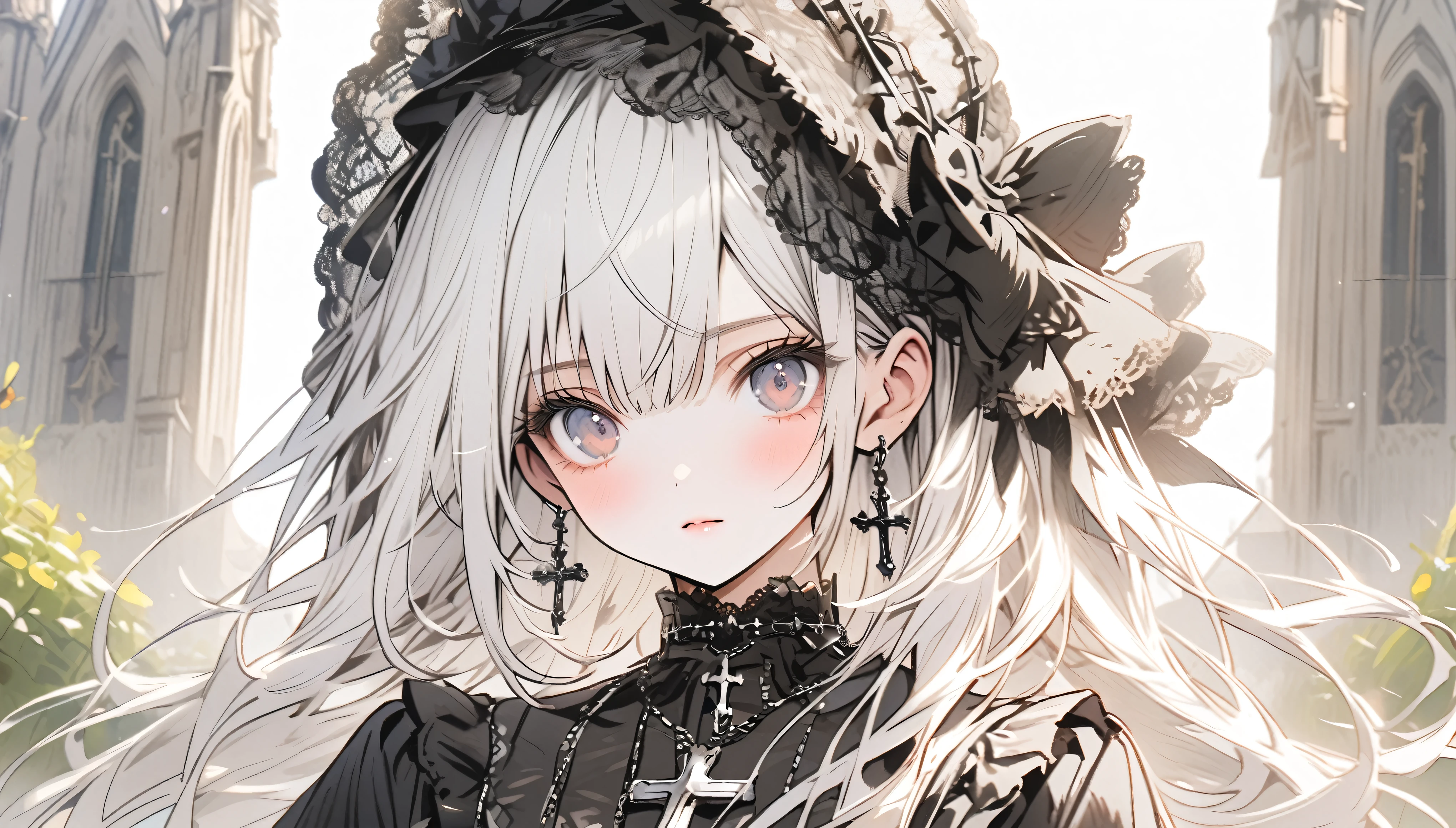 Beautiful girl with white hair，Black Lolita，Tulle lace hat，cross pendant，Standing in front of the church garden，Upper body close-up
