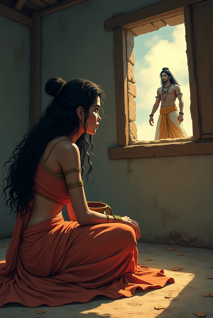 Sad young woman draupadi dressed a normal saree dressed with long open curlly hair filled with tear in eye sitting with a empty pot inside her hut. Make the hit clean with small open window. Lord krishna dressed like calm king watchs through window inside her hut.