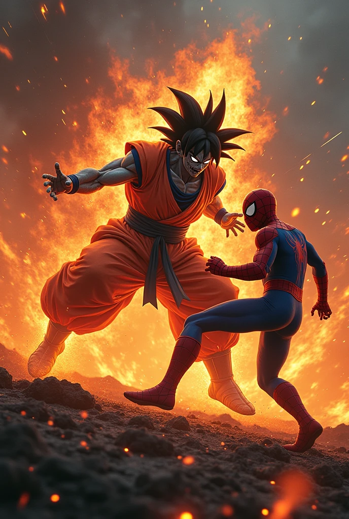 Goku dies with a zombie Goku Ultra Instinct vs Spider-Man, both are angry on the battlefield with fire surrounding.