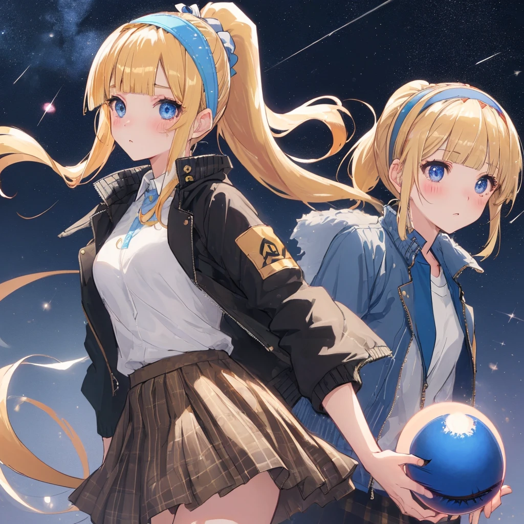 kawaii, beautiful face, make up, cute 1girl, shiny skin, (ponytail:1.6) , (straight hair:1.5), (blunt bangs:1.6)  ,    (light golden hair color:1.3) , BREAK, blue eyes , big eyes, BREAK,   (hairband, jacket, shirt, skirt:1.6), (clothed), BREAK, (eyeball:1.6), (full face_blush1.6), BREAK,  small breast, surrounded by stars and a meteor shower, (looking away), anime illustration,masterpiece, best quality, detailed beautiful eyes, super detailed skin, detailed,16k