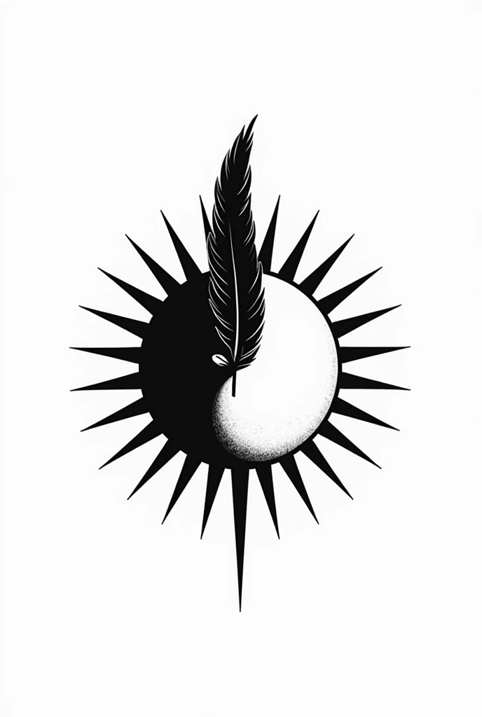 Dessine moi sur un fond blanc un dessin noir et blanc d'un soleil avec vingt-deux rayons de soleil droits. Une belle plume de rapace coupe le soleil en deux pour former un Yin et un Yang au centre du soleil de chaque côté de la plume