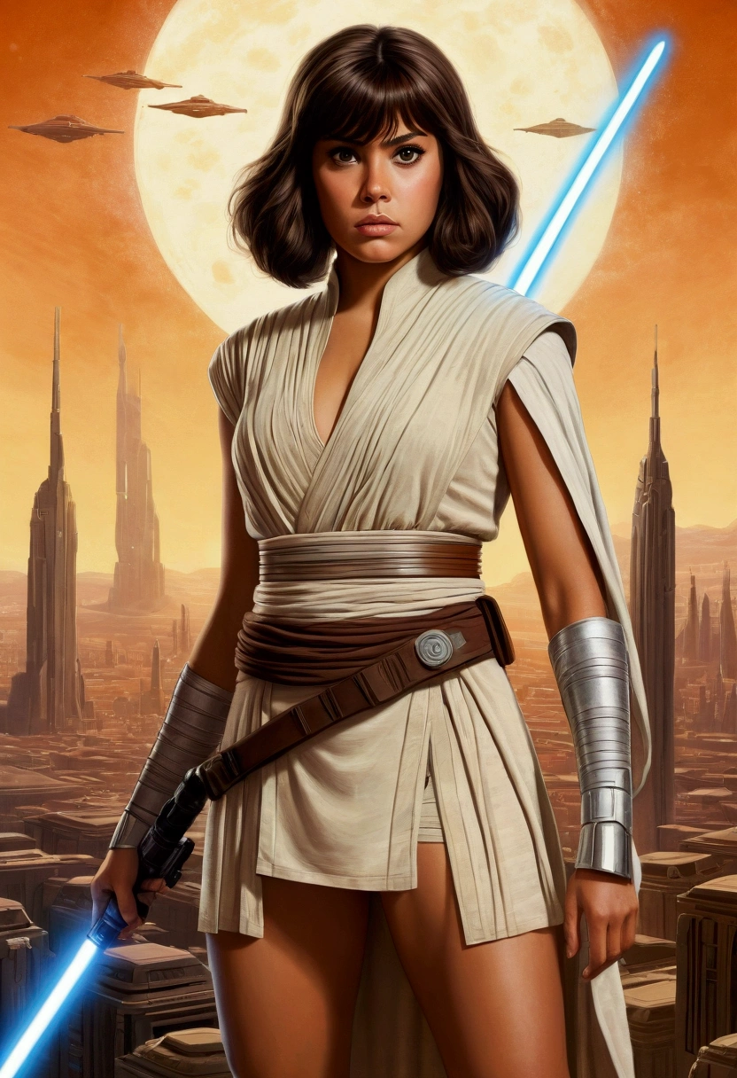 An illustrated movie poster, hand-drawn, full color, a teenage Jedi, 18-years-old, female, wearing a Jedi tunic, athletic hourglass figure, busty bosoms, full wide hips, massive round butt, long shapely legs, ridiculously thick powerful thighs, vibrant eyes, dark hair, thick shaggy bangs, tan complexion, resembles Ana De Armas, standing above Coruscant, graphite shading, stencil marks, airbrushed acrylic paint, masterpiece