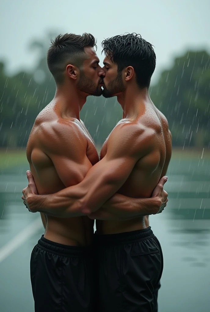 (photorealism:1.2), handsome muscular footbalist  dad kiss his teenage son horny in football court,under rain fully naked