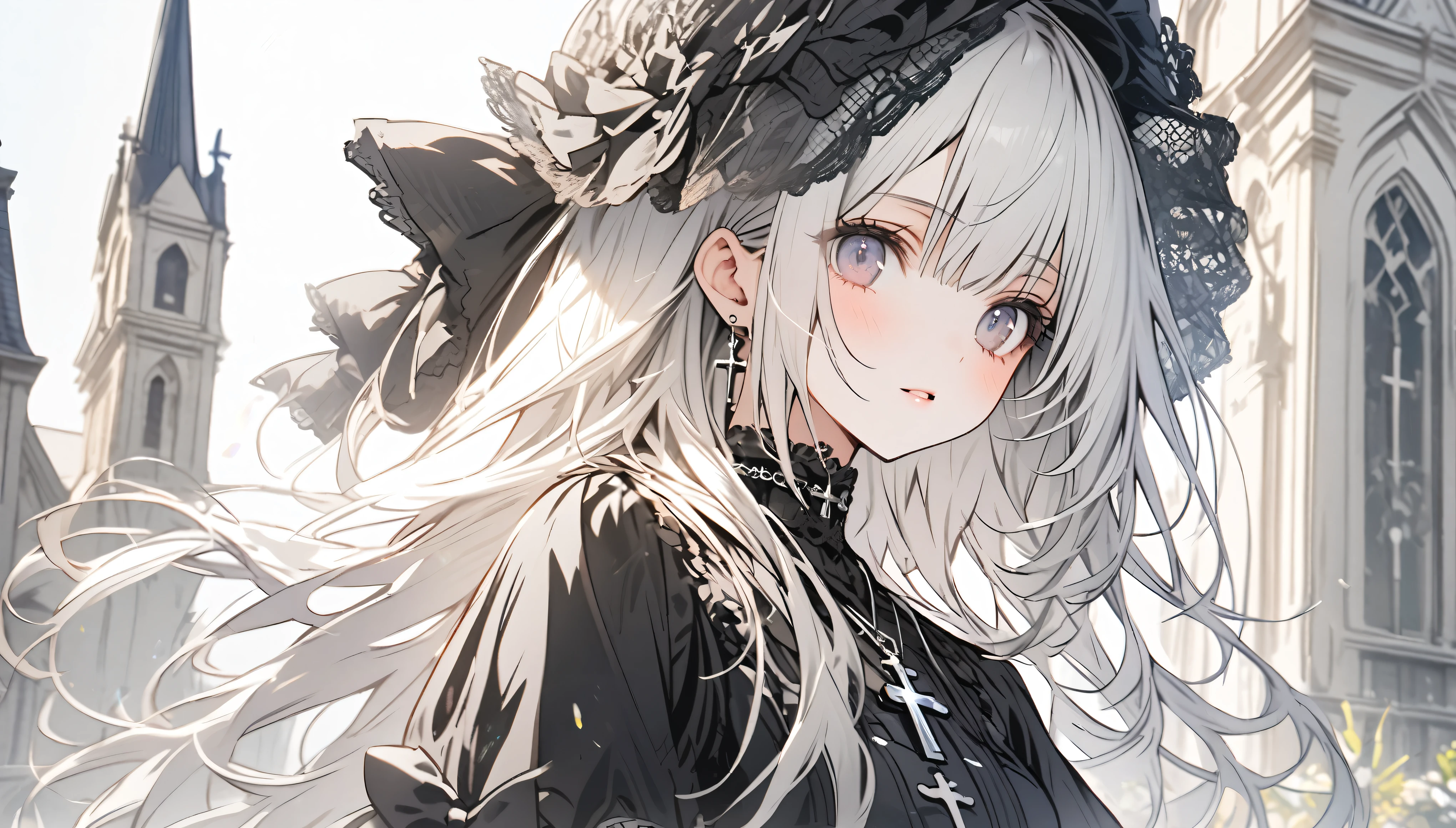 Beautiful girl with white hair，Black Lolita，Tulle lace hat，cross pendant，Standing in front of the church garden，Upper body close-up
