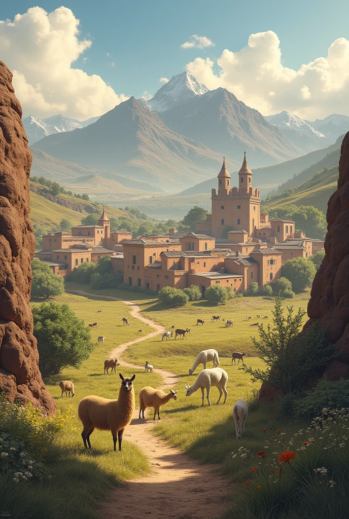 Landscape of the city of combarbalá chile along with animals of the sona living in harmony