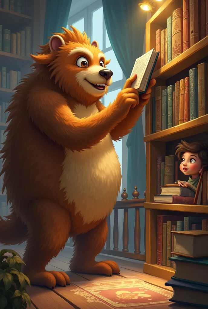 Create an image for story books 
Surprising Discovery
As she peeked through the fence, Ellie saw a large, furry creature struggling to reach a book on a high shelf. Dear background is library and monster Benny was a brown colour and big in only monster Benny struggling with getting the book in bookshelf