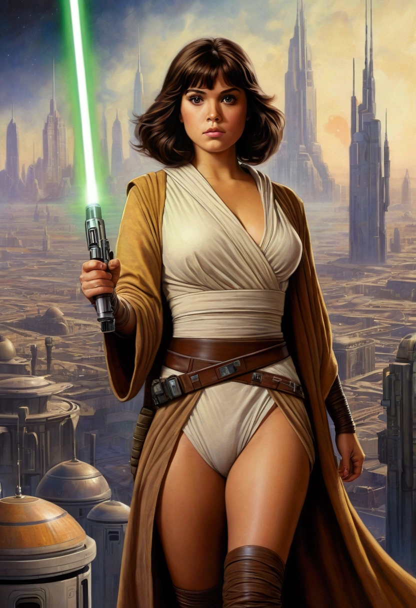An illustrated movie poster, hand-drawn, full color, a teenage Jedi, 18-years-old, female, wearing a Jedi tunic, athletic hourglass figure, busty bosoms, full wide hips, massive round butt, long shapely legs, ridiculously thick powerful thighs, vibrant eyes, dark hair, thick shaggy bangs, tan complexion, resembles Ana De Armas, standing above Coruscant, graphite shading, stencil marks, airbrushed acrylic paint, masterpiece, in the style of Drew Struzan