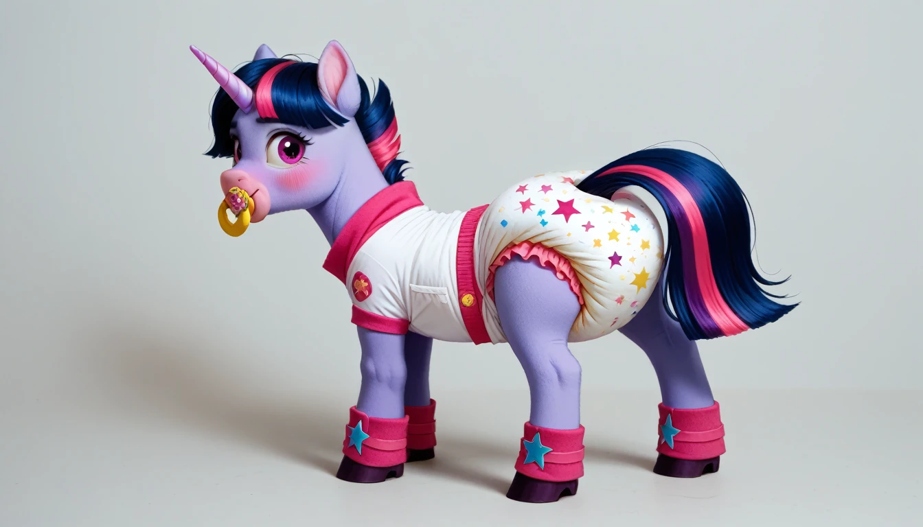 pony, purple unicorn, dark blue mane with purple streak and pink streak, the tail is dark blue with a purple strand and a pink strand, purple eyes, on the side close to the back hoof is a drawing of a pink star with six small stars around a central star, adult mare, stands on four hooves, rear hooves spread wide apart, dressed in an adult size bodysuit and booties, pacifier in mouth, solo, thick diaper under clothes, pink blush on cheeks, Embarrassment, Awkwardness.