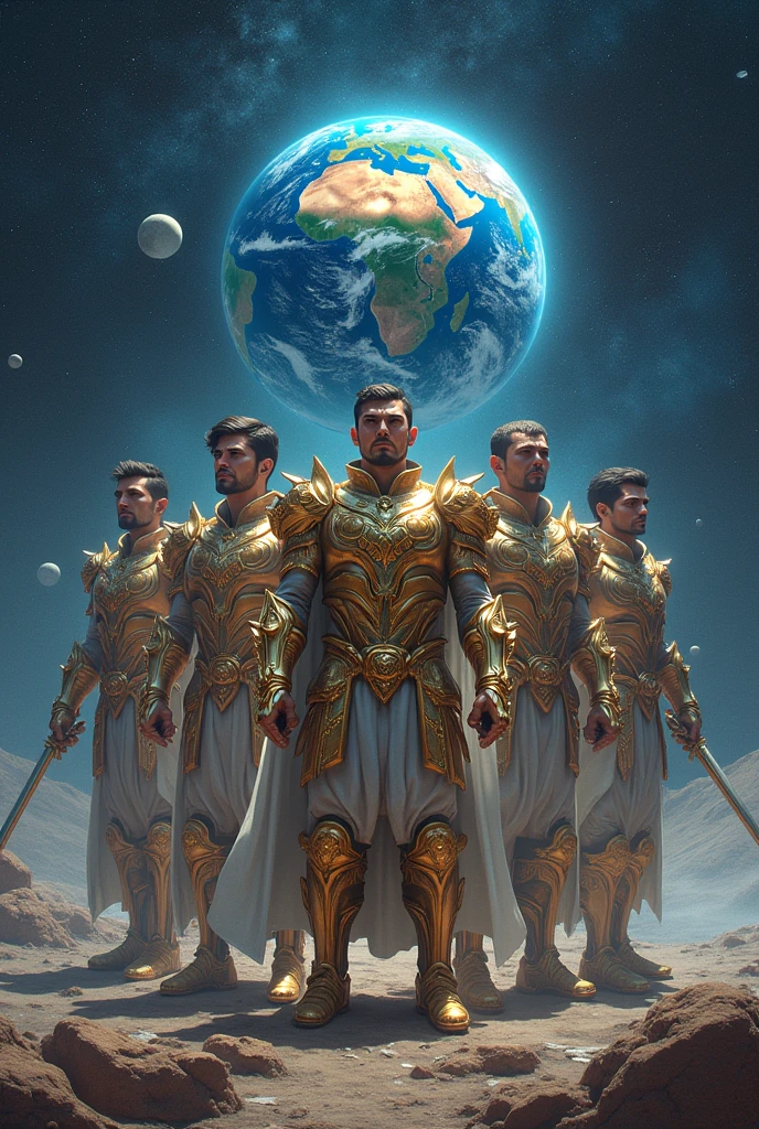 Six men receive celestial armor to defend planet earth with firearms, katanas