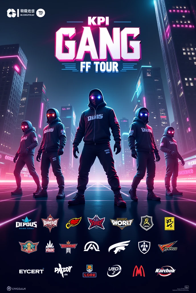 An ESPORT GAMING POSTER with KPI GANG FF TOUR with spaces to add the logo of 12 teams