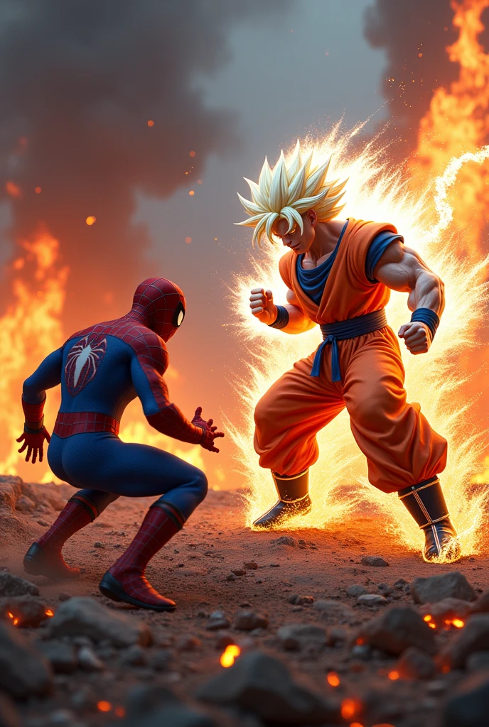Goku Ultra Instinct vs Spider-Man, both are angry on the battlefield with fire surrounding.