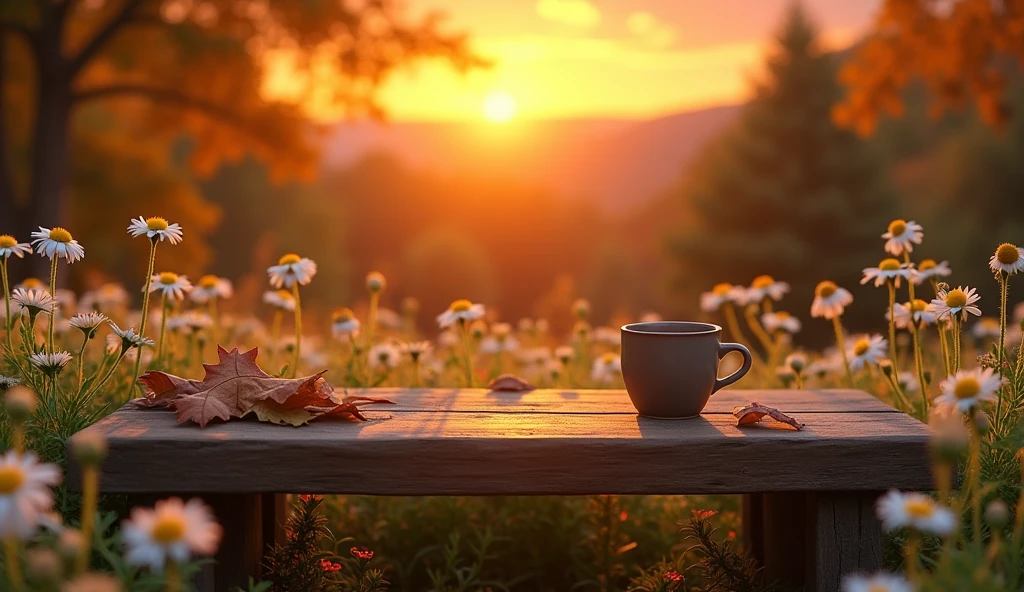 coffee,table,bench,sunset,daisies, autumn, close-up