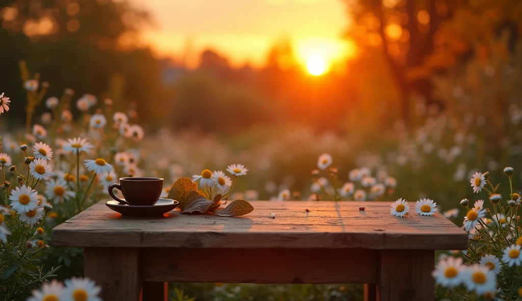 coffee,table,bench,sunset,daisies, autumn, close-up