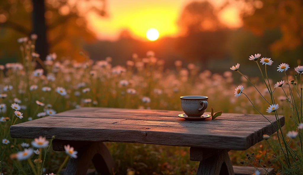 coffee,table,bench,sunset,daisies, autumn, close-up
